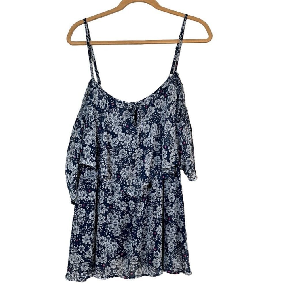 Torrid Floral Top 3X Blue Boho Cold Shoulder Feminine Western Retro Flowy